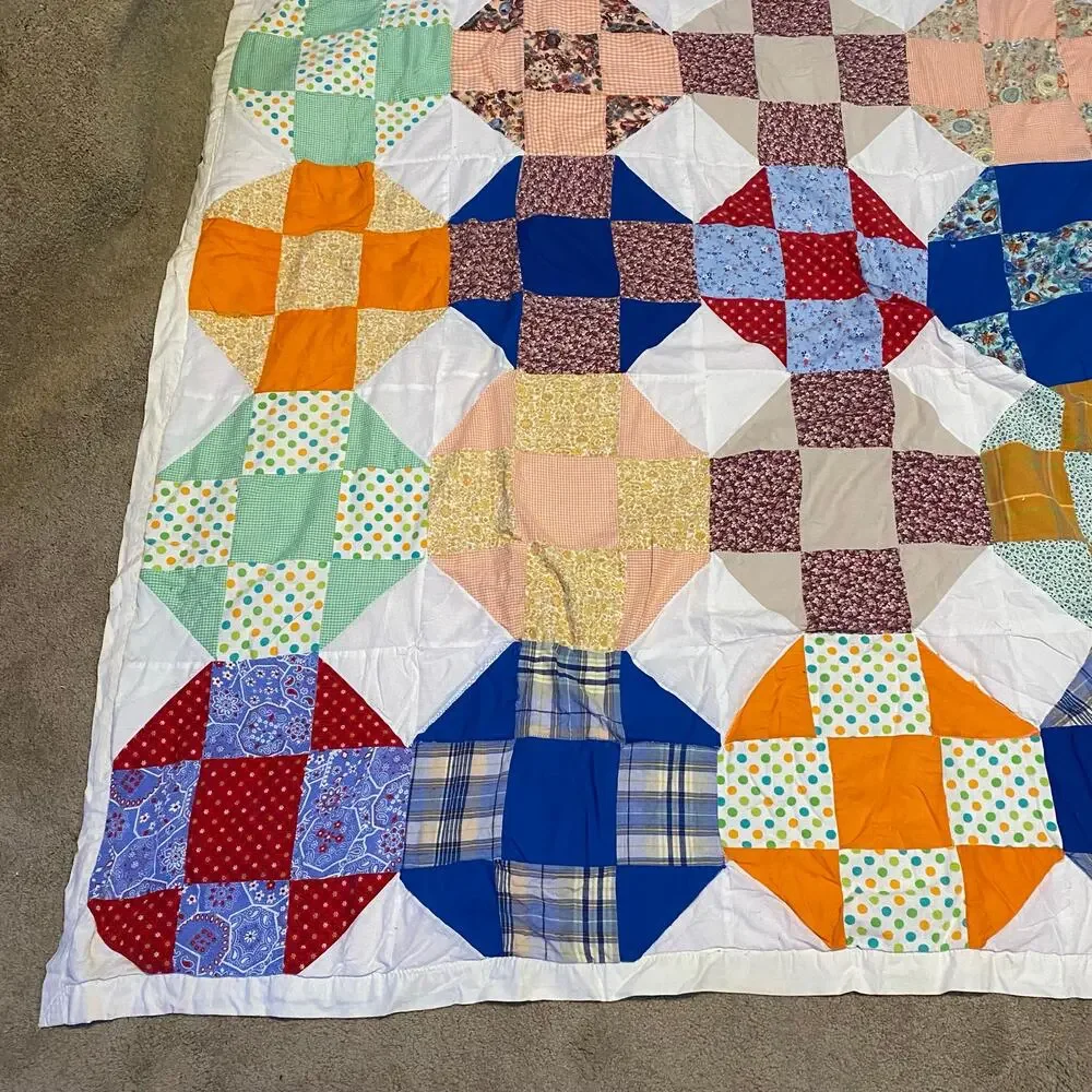Handmade Vintage 30s Snowball Nine-Patch Quilt 67x72 Large Throw Blanket